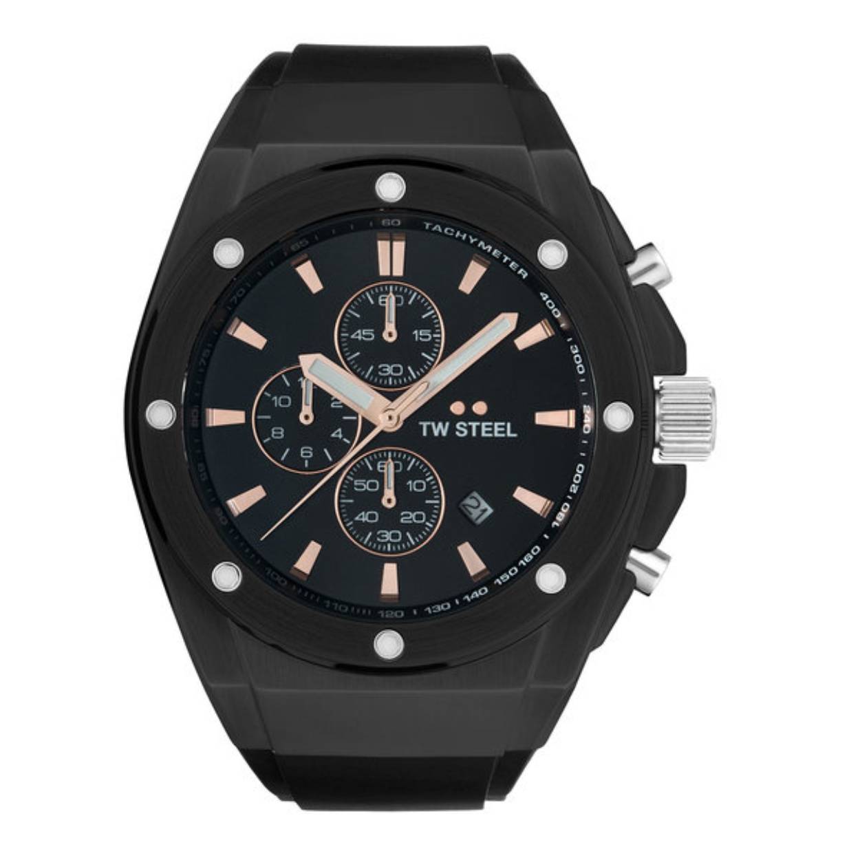 TW Steel TWCE4102 CEO Tech Steel Chrono Zwart Siliconen 44mm
Dit TW steel herenhorloge uit de CEO Tech serie met nr TWCE4102 heeft een zwarte stalen horlogekast van 44mm met een zwarte wijzerplaat met chronograaf en een datum. De uursaanduiding en de wijzers zijn opvallend door de lumibrite accenten. Het stijlvolle herenhorloge heeft een gehard mineraalglas met saffier bovenlaag en een gepolijste schroefkroon. Aan de kast zit een zwarte siliconen band met een stalen gespsluiting. Het horloge heeft wereldwijde garantie van 2 jaar en is 10 ATM. Een sportief chique model.

Het Merk:
TW Steel is een Nederlands horlogemerk. Groot in visie en onge&euml;venaard in stijl. Sinds onze oprichting in 2005 geven wij tijd een nieuwe dimensie. Met karakteristieke designs stappen wij af van de gebaande paden.
Ons bereik is wereldwijd, of het nu zakelijk, casual of sportief is, bij de horloge collectie van TW Steel gaat het om kwaliteit en precisie. Een horloge dat je persoonlijkheid onderstreept is altijd binnen handbereik. Vorm en functie gaan samen in onze horloges van Zwitserse top kwaliteit. De kunst om je te onderscheiden vergt zelfvertrouwen en lef.
TW Steel is niet zomaar een horloge, TW Steel is een statement.

Specificaties:
- Stalen zwarte horloge kast 44mm
- Zwarte wijzerplaat
- Zwarte siliconen band
- Gehard mineraalglas
- Schroefkroon
- 10 ATM