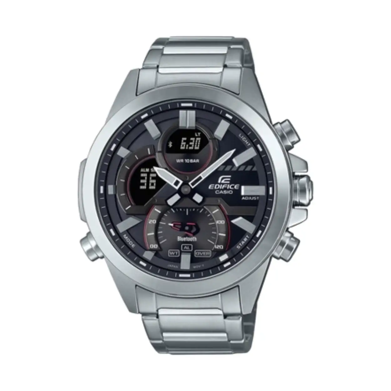 Dit is een Casio horloge uit de collectie EDIFICE Bluetooth. 
Dit horloge heeft de volgende specificaties: 

Kast: 
Kastmateriaal: Massieve roestvrijstalen kast
Kasthoogte: 52.3 mm
Kastbreedte: 48.7 mm
Kastdikte: 12.9 mm

Band: 
Sluiting: Veiligheidssluiting
Bandmateriaal: Edelstalen armband

Overige specificaties: 
Gewicht: 148 gram
Glassoort: Mineraalglas
Waterdichtheid: Classificatie waterbestendigheid (10 bar)
5 alarmen per dag
Batterijduur: 2 jaar - 1 batterij
Auto LED-lampje
Neo-display
Automatische kalender
12/24-uurs tijdweergave
Weergave van de dag in verschillende talen
Knopgeluiden aan/uit
Wijzer beweeg functie
Bluetooth� Smart
Timer - 1/1 sec. - 24 uur
Wereldtijden
Batterij: CR2016
ACCURATIE: Smartphone Link
