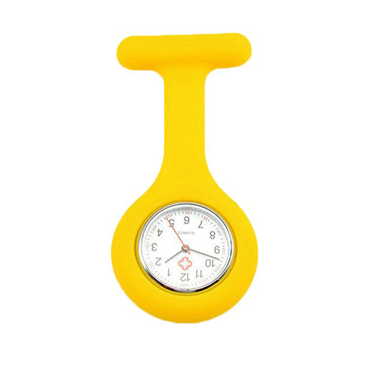 Verpleegstershorloge met gele band. De band is gemaakt van kunststof. Het horloge is 8,5 cm lang, 4 cm breed en 10mm dik. Het uurwerk is Quartz.