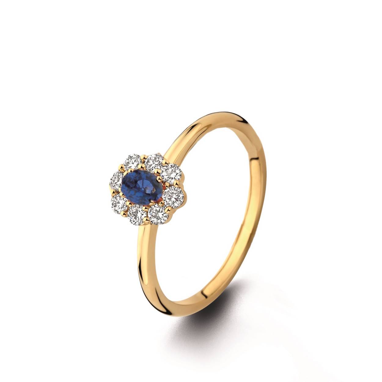 Ring in geel goud 18kt met diamanten en bl saffier