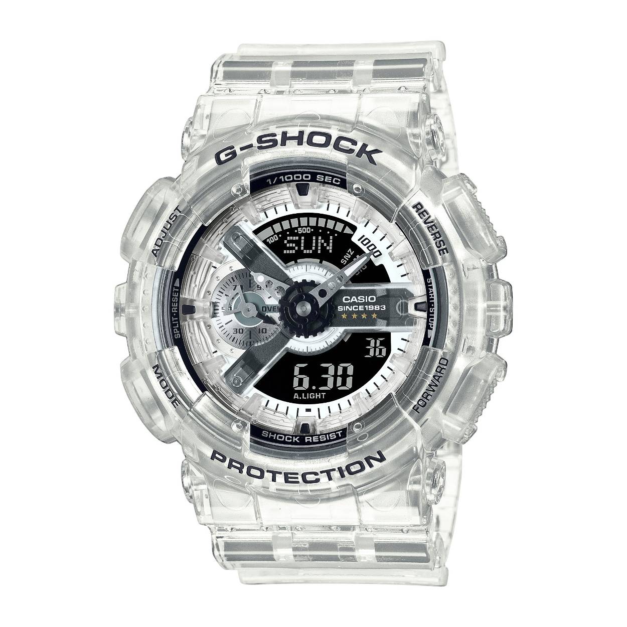 Casio g-shock horloge special edition transparant GA-114RX-7AER
20bar
stopwatch
timer
alarm
led light