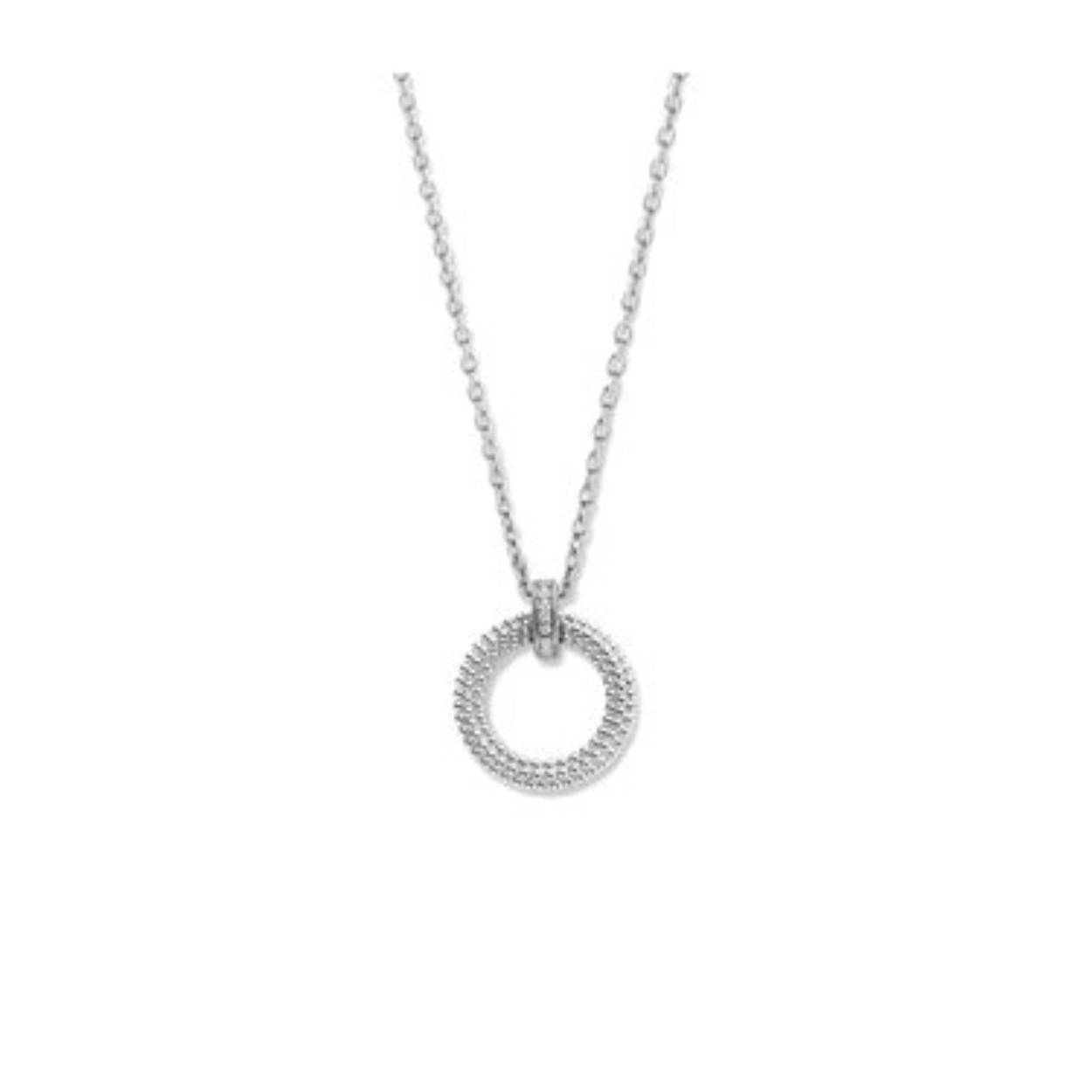 Deze TI SENTO zilveren ketting 3999ZI pronkt met een cirkelvormige hanger gedecoreerd met kleine bolletjes. De hanger hangt aan een clip-eye, dat verrijkt is met een handgezet pavé van witte cubic zirconia steentjes. De ketting is gemaakt van 925 sterling zilver en gecoat met een stevige laag platinum om het materiaal te beschermen en de glans te behouden. De extra veilige sluiting is speciaal ontworpen zodat het altijd bij je blijft. Het collier is verstelbaar in lengte, tussen de 38 en 48 cm.

Het collier heeft een standaardlengte van 38 cm en heeft een verlengstuk van 10 cm. Hierdoor kan je het collier op 5 verschillende lengtematen dragen, op 38 cm, 40 cm, 42 cm, 45 cm en 48 cm.