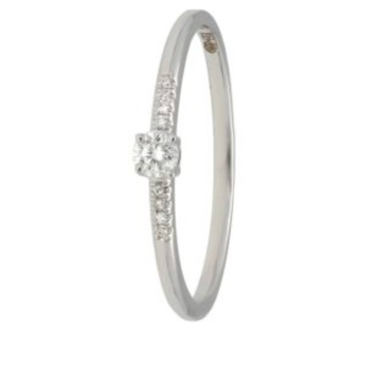 een 14 krt witgouden ring met diamant. Met 1 middensteen diamant briljant geslepen 0.08 crt en 8 diamant briljant geslepen zijstenen totaal 0.02 crt SI H.