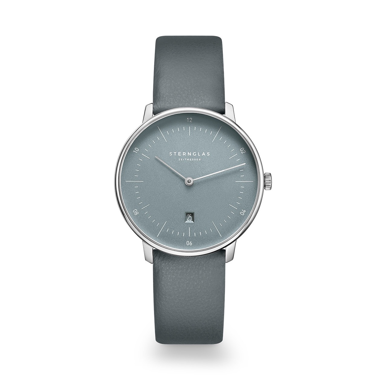 Een stalen horloge met grijs leren band