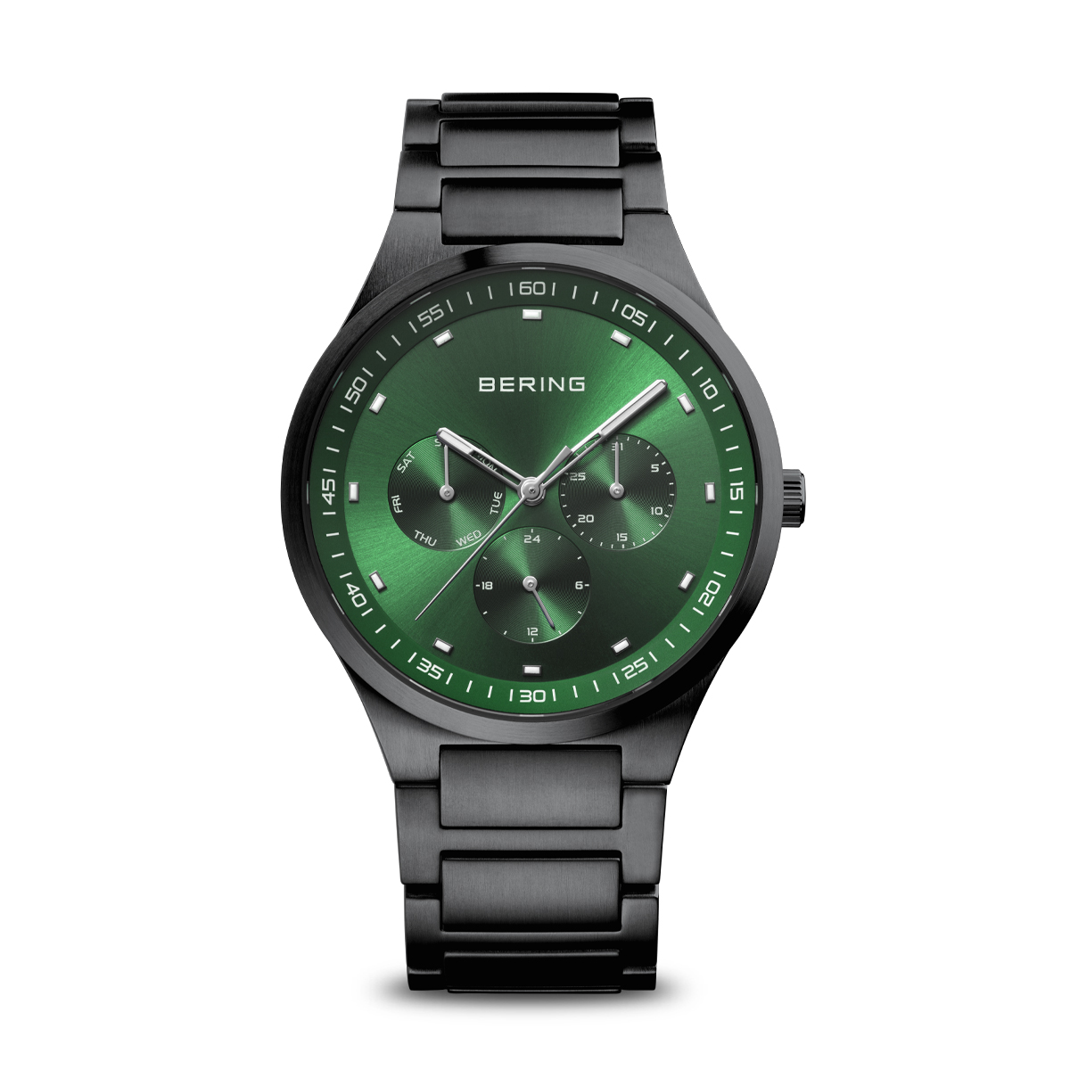Bering heren horloge met zwart geborstelde metalen band. De wijzerplaat is groen.