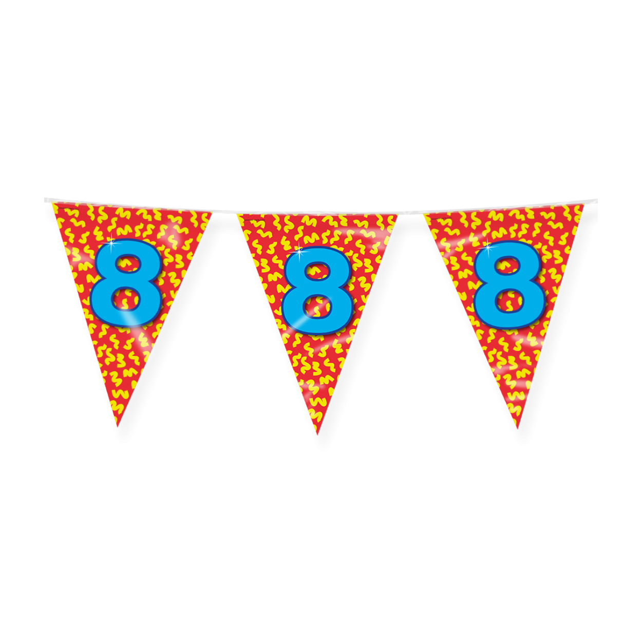 De Happy party flags 8 zijn de ideale versiering op de verjaardag van een 8-jarige. Door de vrolijke kleuren vallen deze party vlaggen dan ook extra goed op! De aan beide kanten bedrukte vlaggetjes zijn gemaakt van folie, hebben een lengte van 10 meter.
