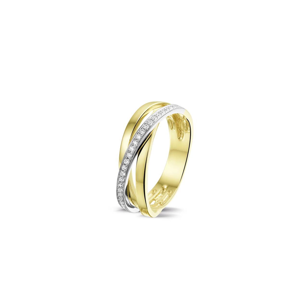 Prachtige 14krt gouden cross over ring met diamant, 0,16crt H Si. De maat van de ring is 54. Heeft u een andere maat, neem dan contact met ons op.
