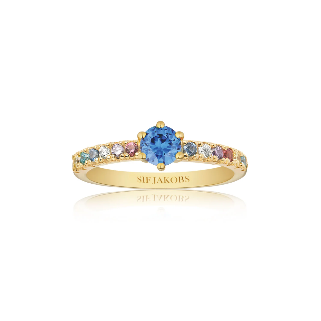Ring gemaakt van 18 karaats verguld 925 sterling zilver, gepolijst oppervlak en hoorn met facetgeslepen meerkleurige zirkonia.

Afmetingen ring: diameter 5 mm, dikte 4,5 mm