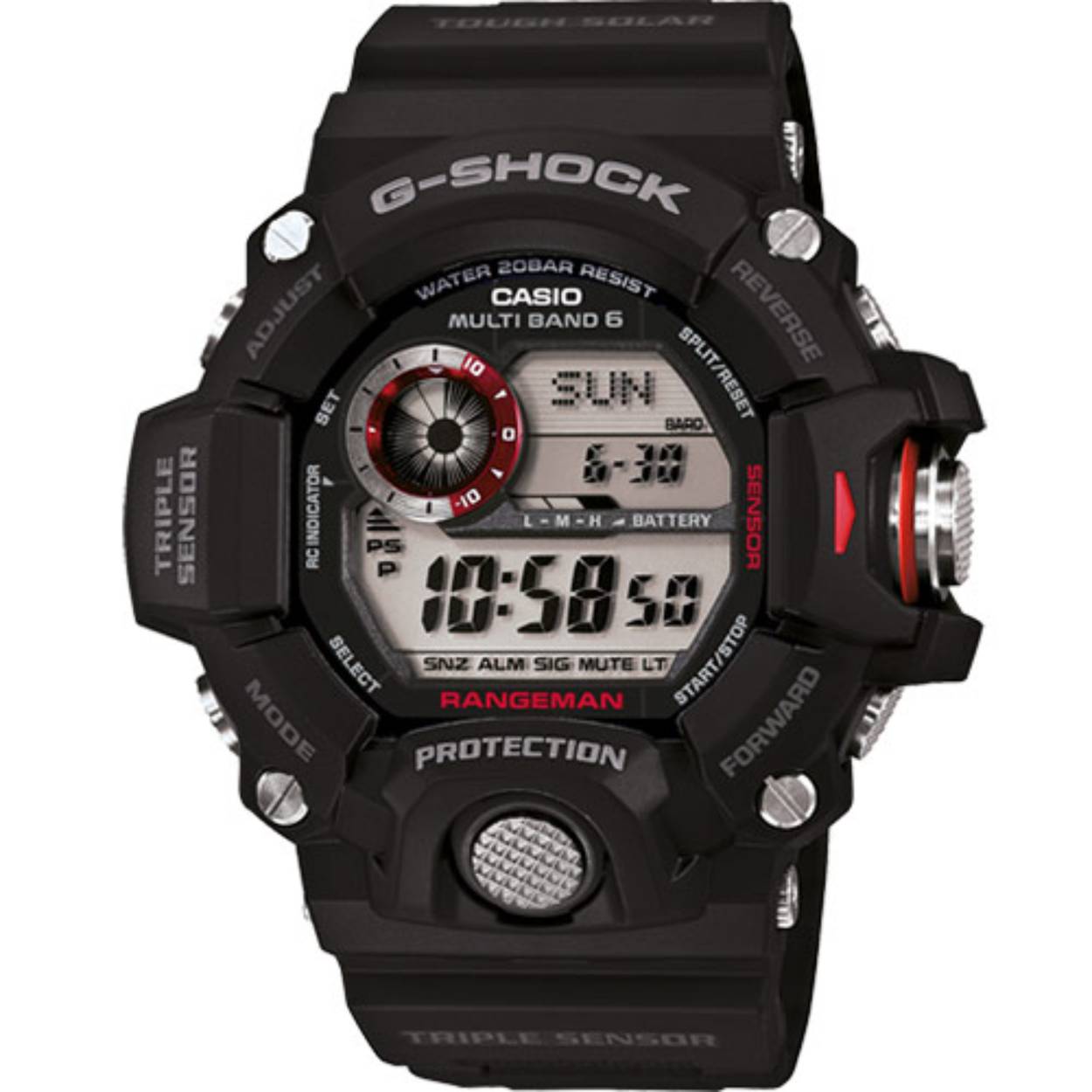 Dit stoere Casio G-Shock uit de Rangeman-serie is uitermate geschikt voor de buiten activiteiten. Naast dat het horloge de standaard G-shock functies heeft zoals; stopwatch, timer en alarm, heeft het ook een triple sensor( kompas, baro/thermometer en altimeter), is radiocontrolled(hoeft niet meer handmatig op tijd gezet te worden) en is het solar powered(laadt zich op d.m.v. (zon)licht).