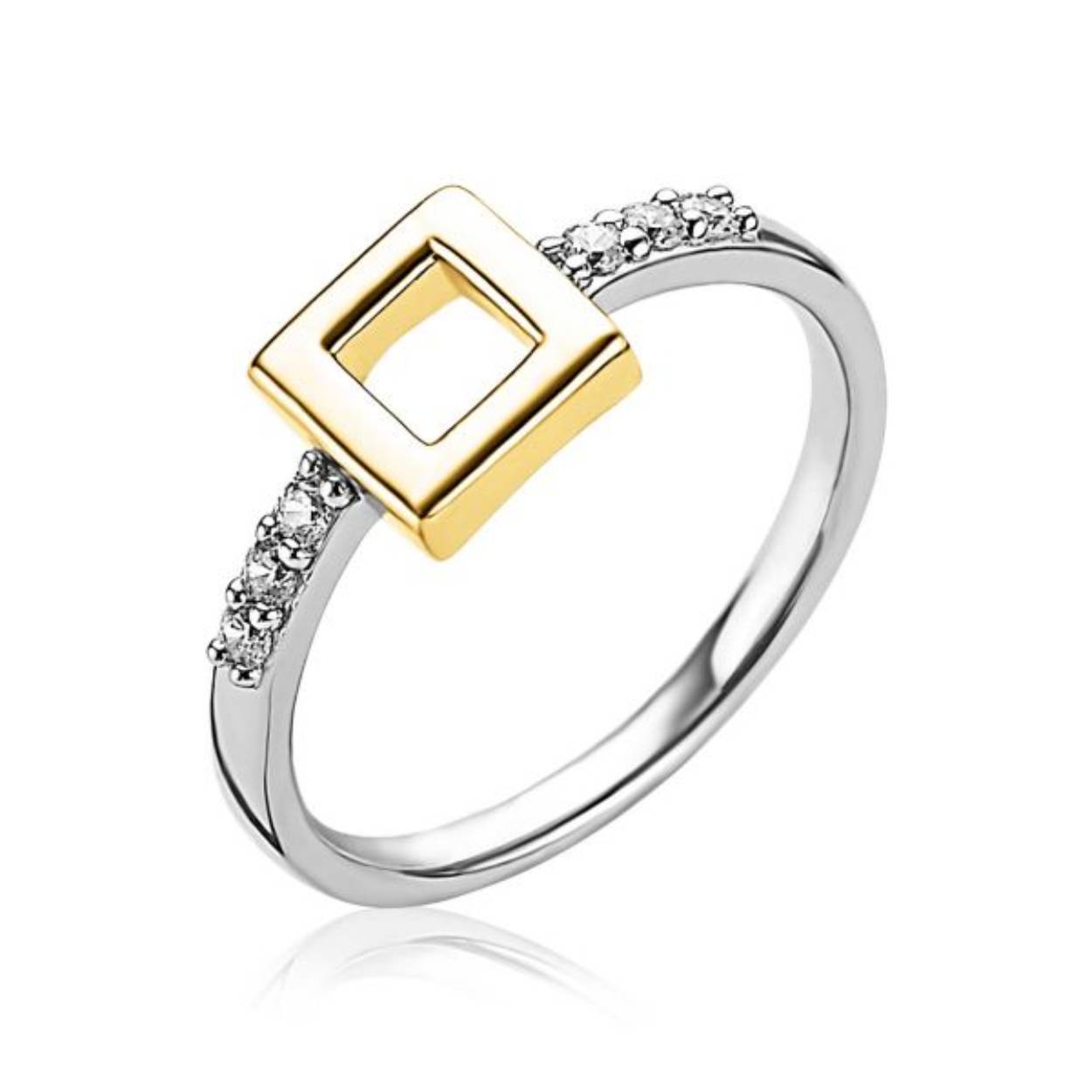 ZINZI zilveren ring geel verguld vierkant wit