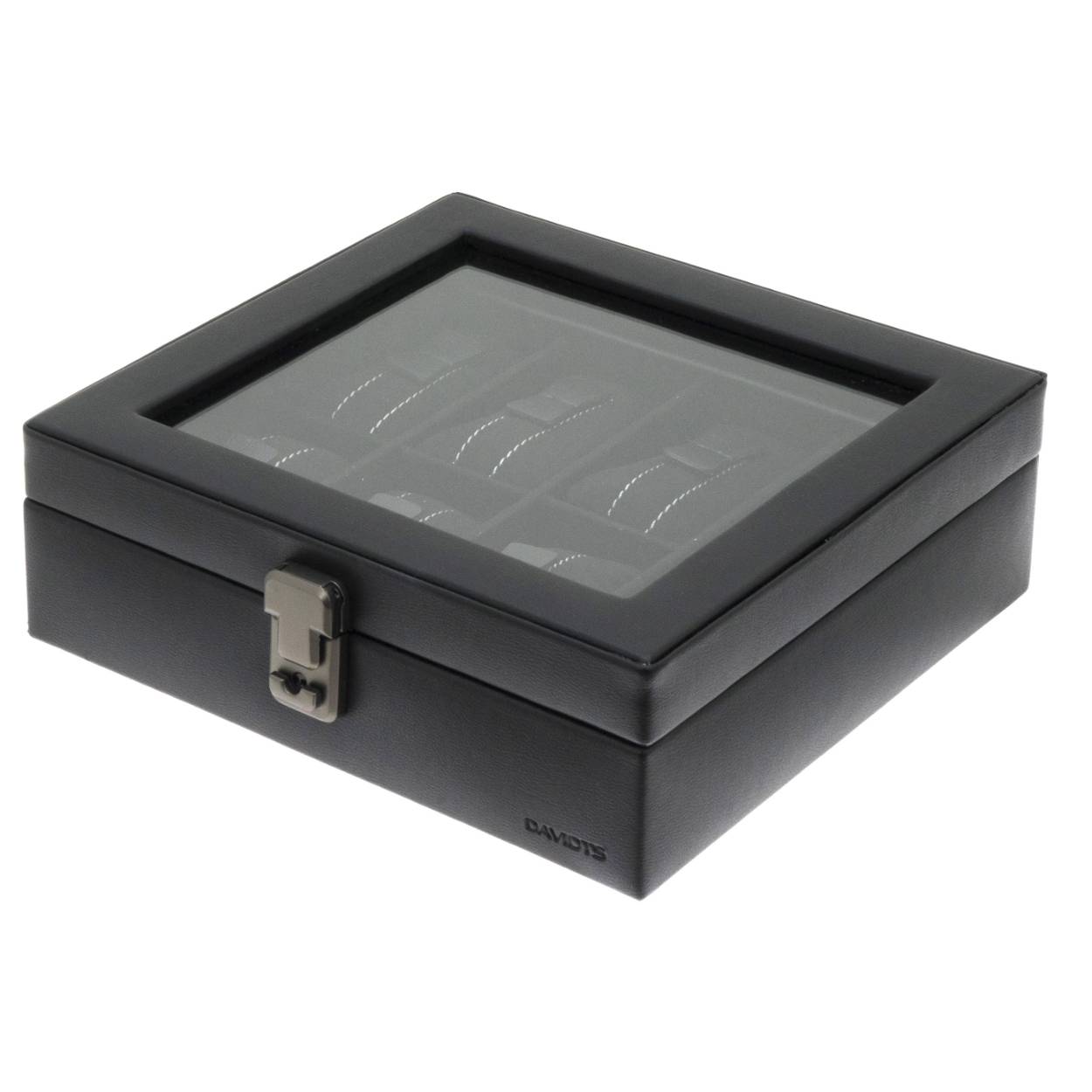Zwarte kunstlederen opbergbox voor uurwerken met raam
Uit de collectie 'Halley' van het merk Davidts
Met sleuteltje
