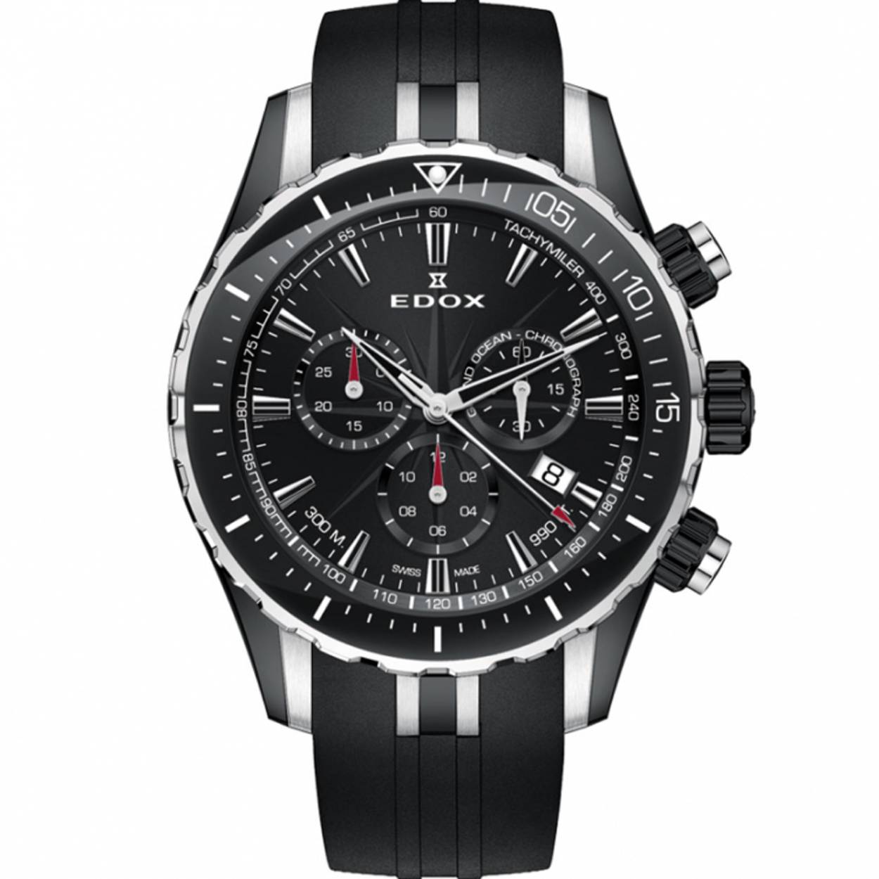 Features : Edox crown and/or pusher with double O'ring, Luminescent hands and/or indices, Rubber strap, Sapphire crystal, Screw-down crown