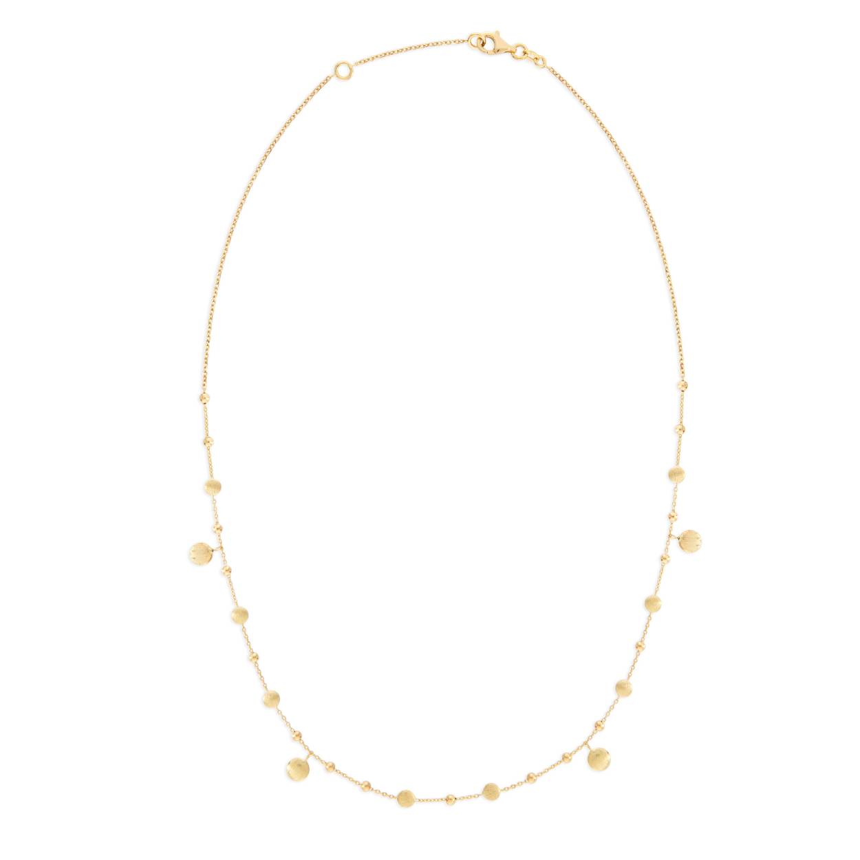 14 karaats geelgouden collier van het merk Swing Jewels met speelse gematteerde rondjes, te dragen op 42 en 45 cm en voorzien van een degelijke karabijnsluiting.