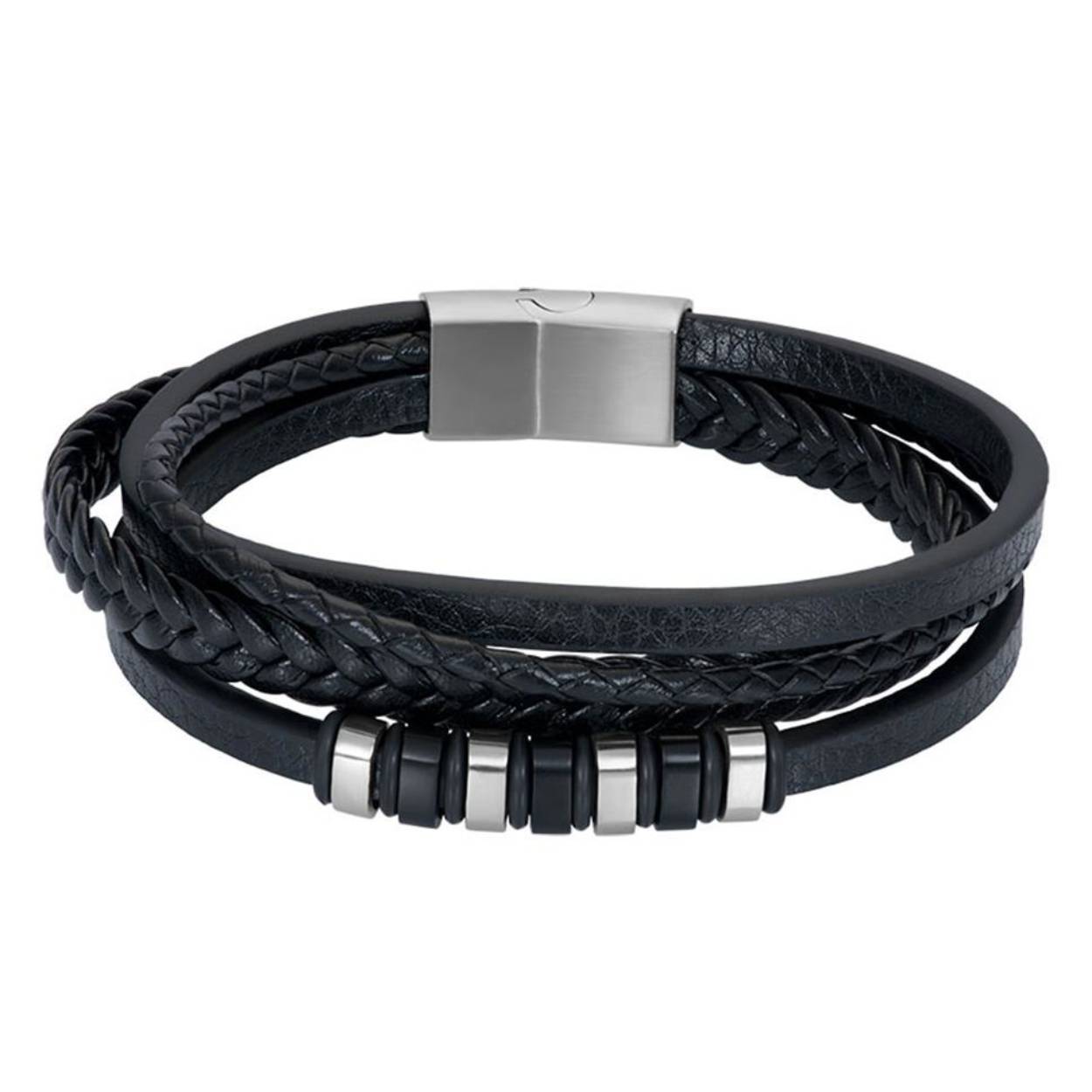 De bracelet bestaat uit vier verschillende leren armbanden met allen een ander design die samenkomen bij de sluiting. Twee armbanden zijn voorzien van een gevlochten design, de één fijn en rond en de andere plat en breed. De andere twee armbanden hebben een glad design waarvan ééntje ook voorzien is van een patroon van matzwarte en zilverkleurige details. Bracelet Collin is voorzien van een rechthoekig, breed, mat zilveren sluiting. De iXXXi heren armband Collin is verkrijgbaar in de maten 20,5, 21,5 en 22,5. Mix en match met verschillende armbanden uit de iXXXi MEN collectie en maak zo jouw look compleet!