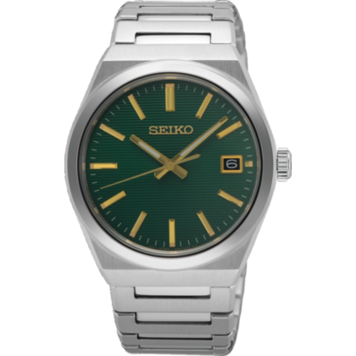 Seiko herenhorloge; stalen band en kast, groene wijzerplaat met goudkleurige accenten, datum, saffierglas
