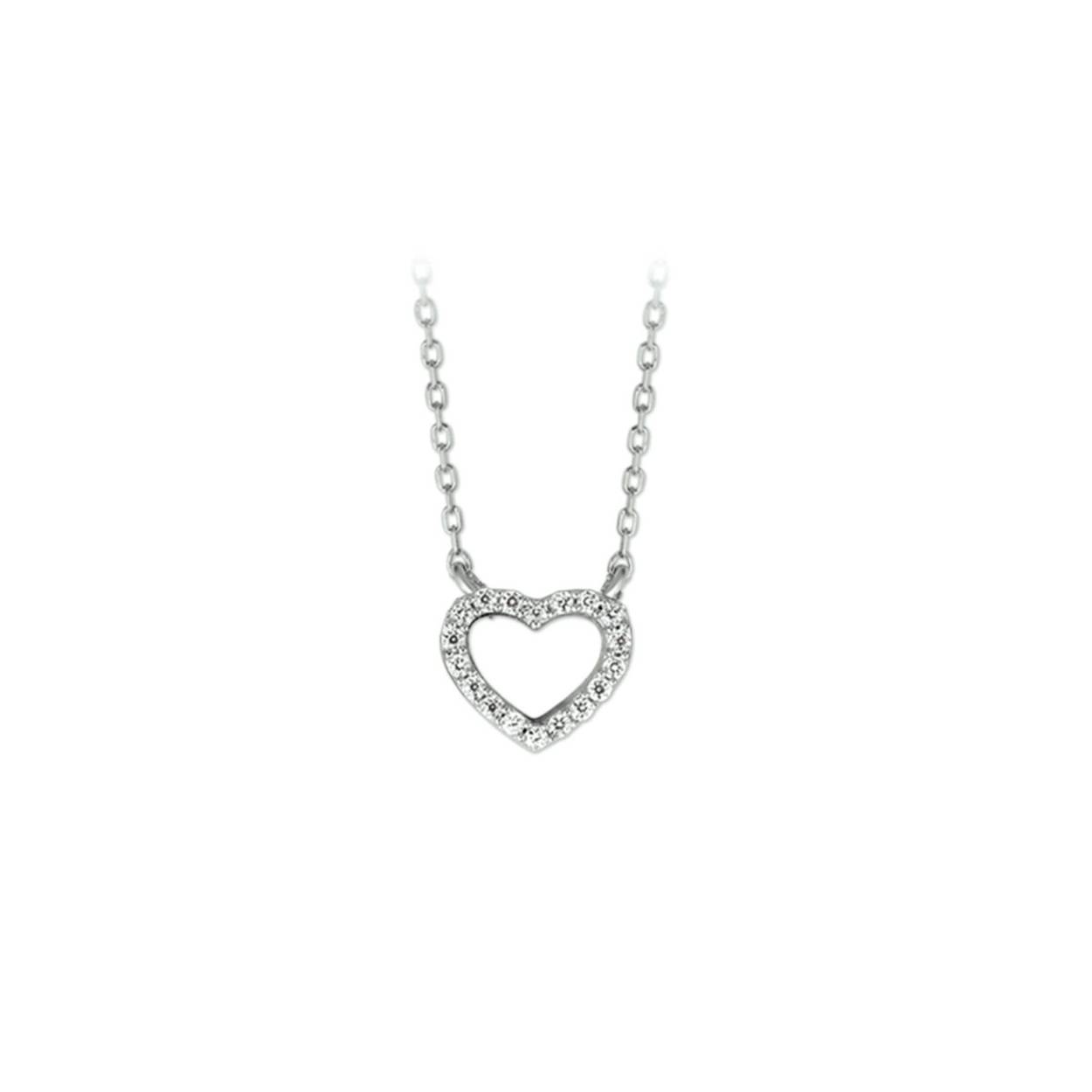 Gerhodineerd zilveren collier met een open hart en zirkonia. Het collier is onderdeel van een set. De lengte van het collier bedraagt 40cm met 4cm extensie. De schakelbreedte bedraagt 1.0mm.