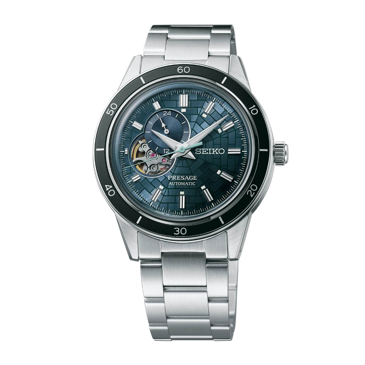 Seiko Presage: SSA445

Kaliber 4R39
Tikgetal: 21,600 trillingen per uur (6 beats per seconde)
Gangreserve: 41 uur
Jewels: 24
24-uur aanduiding
Specificaties

Stainless steel kast en bracelet
Gebogen Hardlex glas
Doorzichtige schroefdeksel
Diameter: 40.8mm, Dikte: 12,9mm
50m WR
Magnetische resistentie: 4,800 A/m
Vouwsluiting met drukker
Limited Edition: 4.000 stuks wereldwijd
Adviesverkoopprijs: €590,-