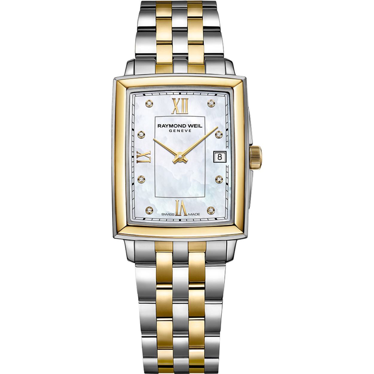 Raymond Weil Toccata.
Toccata Ladies Two-tone Quartz Watch, 23.4 x 34.6 mm
Stainless steel, white dial, black roman numeral indexes