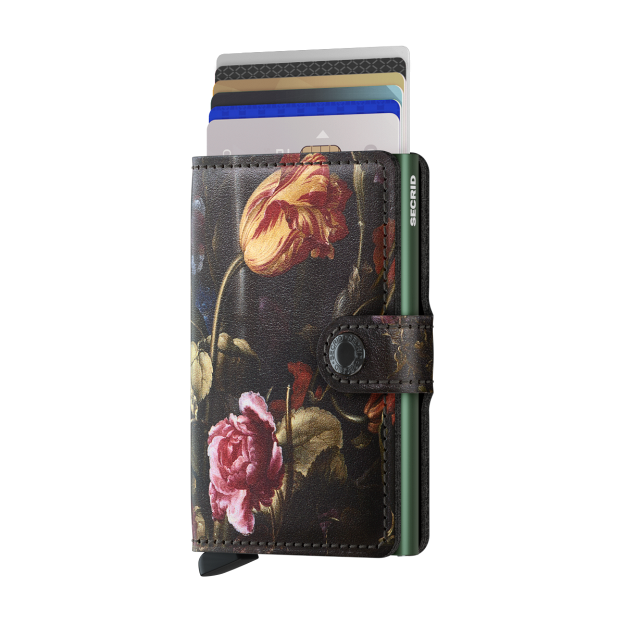 Bloemstilleven met een keizerskroon
Secrid presenteert de Art Collection, met topstukken uit het Rijksmuseum en het Mauritshuis. Bloemen, tot op de dag van vandaag symbolen van de Nederlandse cultuur, waren een geliefd onderwerp in de Gouden Eeuw van de Nederlandse kunst. De levendige kleuren van dit 17e-eeuwse stilleven zorgen ervoor dat onze kleine wallet goed tot zijn recht komt.

Details en afwerking
Soepel Italiaans kalfsleer vormt de basis voor onze Art Collection. De kunstwerken zijn tot in de kleinste details op het leder gedrukt. De kleinste details zijn zichtbaar, zoals de barstjes in de verf. Een gravure aan de binnenkant van de portefeuille vertelt over de schilderijen. Wallets hebben veel te verduren. Daarom testen we elk nieuw Secrid product altijd op kwaliteit en duurzaamheid. Na uitvoerig testen kunnen we bevestigen dat de print zijn uitstraling behoudt en dat de kleur niet uitloopt tijdens gebruik.

Draagt
4 verdikte of 6 platte kaarten
4 extra kaarten
Bankbiljetten
Visitekaartjes
Bonnetjes
Afmetingen en gewicht
65 x 102 x 21 mm