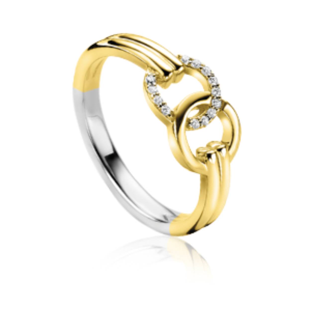 ZINZI zilveren ring in 14K geelverguld met twee met elkaar verbonden ronde vormen. De ene ronde schakel is bezet met witte zirconia's. De scheen heeft een sierlijke dubbele look. Vervaardigd van eerste gehalte zilver (925) en voorzien van een extra 14K geelgoudkleurige laag.