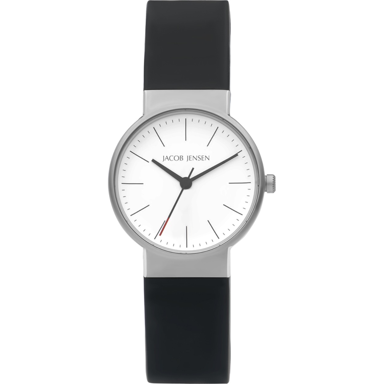 Dit Jacob Jensen horloge heeft een titanium kast met een diameter van 29mm en is voorzien van een rubberen band. In de kast bevindt zich een kwaliteitsuurwerk en is afgewerkt met saffierglas.