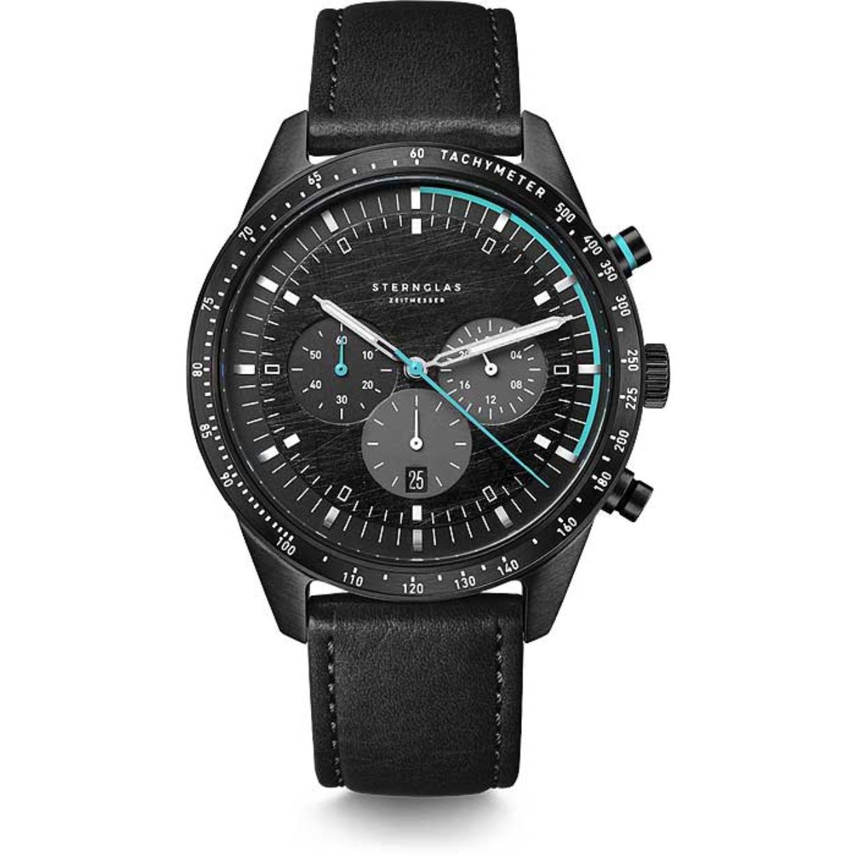 Sternglas Meteoor Tachy, zwarte plaat chrono datum saffierglas zwarte band