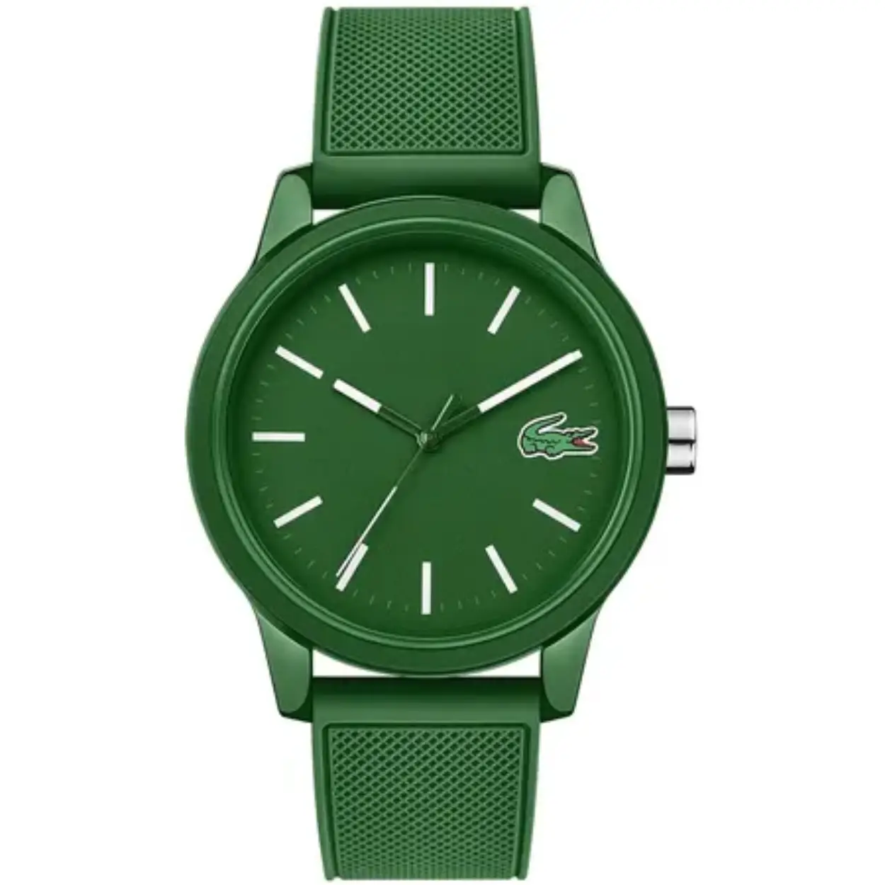 Lacoste LC2010985 Heren Horloge.

Dit groene horloge is speciaal voor heren en afkomstig van het merk Lacoste; het sportieve merk dat gekenmerkt wordt door het krokodillenlogo. Dit horloge bestaat uit een kast die gemaakt is van silicone, met een groene kleur, met een groene silicone horlogeband. Verder is de horlogeband voorzien van een handige gespsluiting. Dit horloge is voorzien van een groene wijzerplaat met zilverkleurige streepjes als tijdsaanduidingen en groene wijzers. Verder is de wijzerplaat voorzien van het bekende beeldmerkje in de vorm van een groene krokodil. De kast heeft een diameter van 42mm en is voorzien van regen- en spatwaterdicht mineraalglas. Dankzij het Quartz uurwerk bent u verzekerd van een kwalitatief tijdstuk.