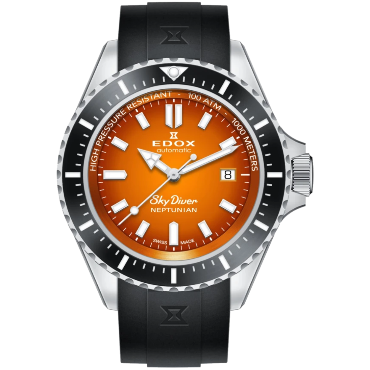 Edox Skydiver Heren Horloge

Behuizing gemaakt van roestvrijstaal, in de kleur zilver

Horlogeband gemaakt van siliconen in de kleur zwart.

Automatisch uurwerk- Datum weergave- Voorzien van saffierglas, zeer hard en vrijwel krasvrij

100 ATM waterdicht, geschikt om mee te (diepzee) duiken

Breedte van de behuizing is 44 mm- Dikte van de behuizing is 15.6 mm