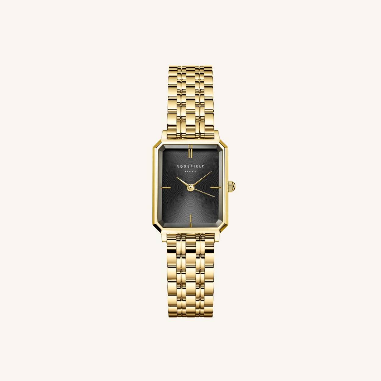 Rsoefield dameshorloge, octagon XS BBlack Sunray goldplated