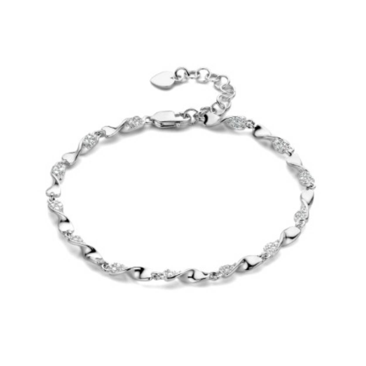 Rosa di Luca zilver armband met getorste schakels en met zirconia.
Lengte is 18 cm en 3 cm verlenging.
