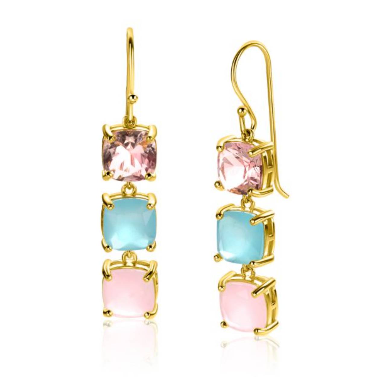 ZINZI gold plated zilveren oorhangers 43mm met drie trendy vierkante kleurstenen in roze en turquoise. De oorhangers zijn vervaardigd van eerste gehalte zilver (925) en extra geelverguld.