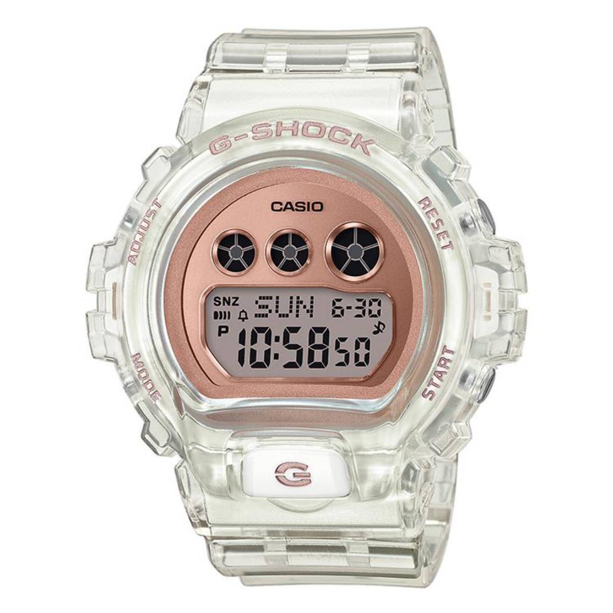 Dit Casio horloge behoort tot de G-Shock collectie.
Referentienummer: GMD-S6900SR-7ER

Het horloge heeft een diameter van 48.5MM. De kast en de band zijn gemaakt van kunststof. Het horloge heeft een roségouden wijzerplaat en mineraal glas. Het horloge is perfect voor vrij duiken zonder scuba-uitrusting: het horloge is waterbestendig tot 20 bar (ISO 22810).

Dit horloge heeft de volgende functies: Superilluminator, 5 alarmen per dag, Automatische kalender, 12/24-uurs tijdweergave, Knopgeluiden aan/uit, Wijzer beweeg functie, Schokbestendig, Stopwatchfunctie - 1/100 sec. - 24 uur, Snoozefunctie, Wereldtijden