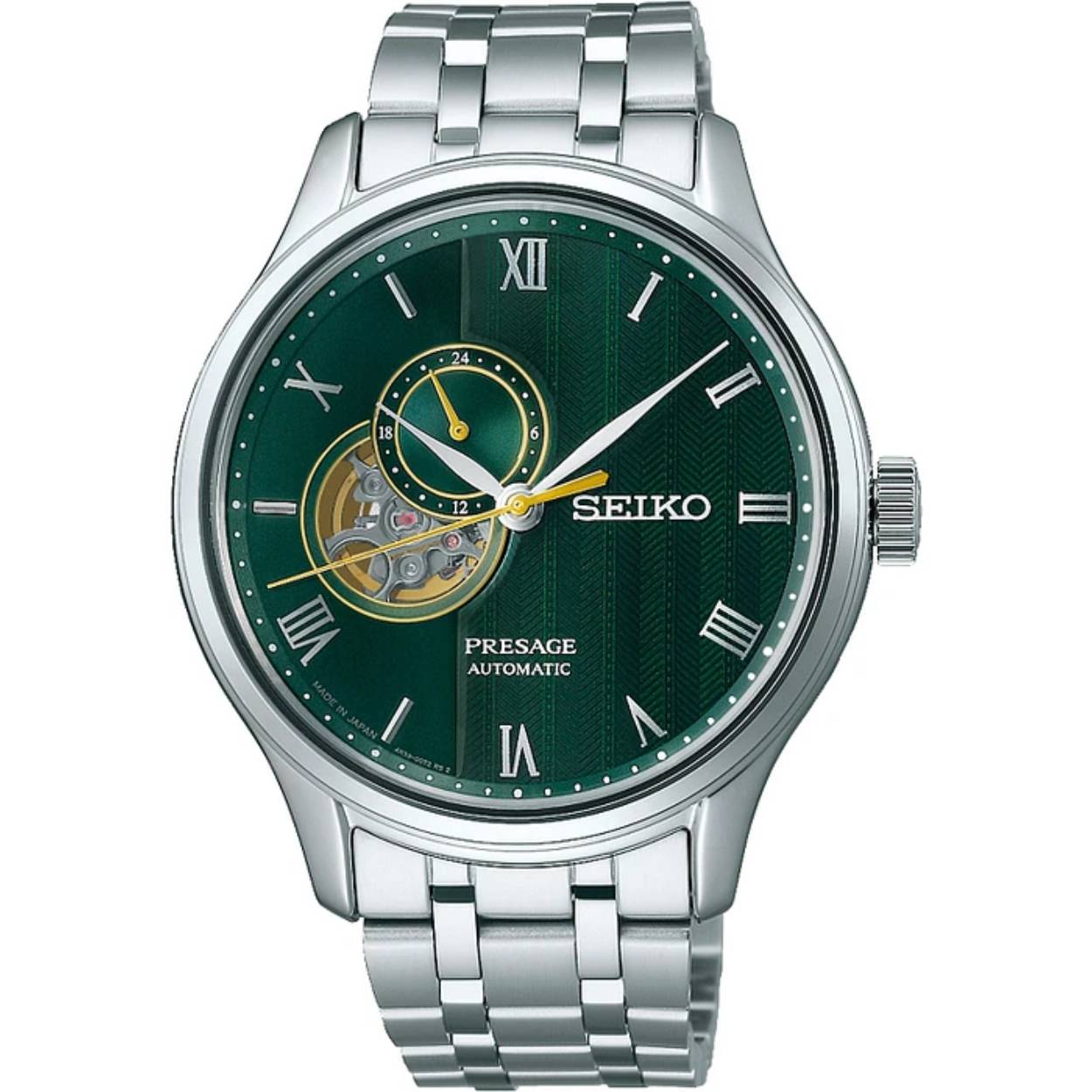 De SEIKO PRESAGE JAPANESE GARDEN SSA463J1 is een prachtig horloge met een uniek design geïnspireerd op de Japanse tuinen. De tijdaanduiding van dit horloge is analoog en het uurwerk is een automaat van het type 4R39. Dit uurwerk heeft een gangreserve van maximaal 41 uur en beschikt over 24 jewels en een tikgetal van 21.600.

De diameter van de kast van dit horloge is 42 mm en de hoogte is 12 mm. De vorm van de behuizing is rond en de kleur van de behuizing is zilverkleurig. De behuizing is gemaakt van roestvrij staal, wat zorgt voor een duurzaam en kwalitatief horloge. De wijzerplaat van de SEIKO PRESAGE JAPANESE GARDEN SSA463J1 is groen van kleur en het glas is gemaakt van saffier, wat zorgt voor een krasbestendig en helder horloge.

De band van dit horloge is zilverkleurig en gemaakt van roestvrij staal. De SEIKO PRESAGE JAPANESE GARDEN SSA463J1 heeft geen datumweergave, maar is wel spatwaterdicht tot 3 bar. De sluiting van de band is een vlinder- of vouwsluiting, wat zorgt voor een comfortabele en veilige pasvorm om de pols.

Als officieel Seiko verkooppunt kunnen wij garanderen dat de SEIKO PRESAGE JAPANESE GARDEN SSA463J1 van hoogwaardige kwaliteit is en met zorg is vervaardigd. Dit horloge is een prachtige toevoeging aan uw collectie en zal zeker de aandacht trekken met zijn unieke design en vakmanschap.