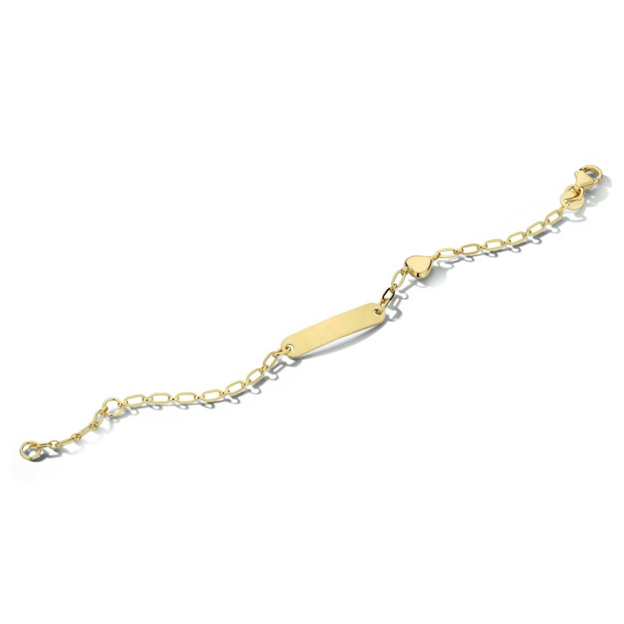14kt. Geelgouden graveerarmband uitgevoerd met een hartje. De armband heeft draaglengtes van 9 en 11cm en een stevige karabijn sluiting.