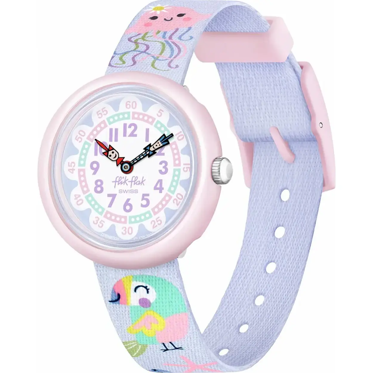 Deze horlogeset bestaat uit een kleurrijk kinderhorloge, een pakje bijpassende Jumbo Grip Pastell kleurpotloden en 4 ansichtkaarten. Alles verpakt in een speciaal etui. Het perfecte cadeau voor kinderen!

Dit Flik Flak horloge heeft een kast gemaakt van Bio-plastic met een diameter van 30 mm en is voorzien van een textiel band. In de kast bevindt zich een ETA kwaliteitsuurwerk en is afgewerkt met Plexiglas.
