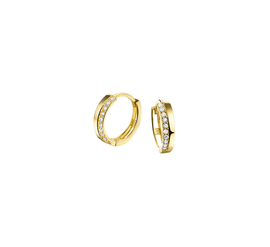 14krt geelgouden oorringen met zirkonia, modelnummer 4022739, zijn elegante creolen met een gewicht van 1,17 gram. Gemaakt van glanzend goud, hebben ze een breedte van 2,5 mm en een diameter van 12 mm, en stralen een gouden kleur uit. Draag deze verfijnde oorringen voor een subtiele doch luxueuze uitstraling bij elke gelegenheid.