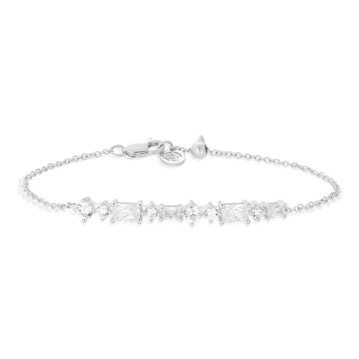 Armband van 925 sterling zilver met gerhodineerd oppervlak, gepolijst oppervlak en hoorn met witte facetgeslepen en witte smaragd geslepen zirkonia.

Afmetingen armband: Breedte 5 mm, dikte 3 mm, kettinglengte tot 19 cm - verstelbaar