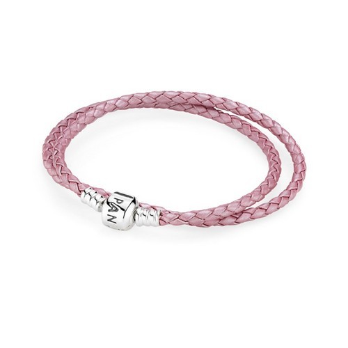 Pandora leren armband roze, dubbel, 38 cm (19cm)