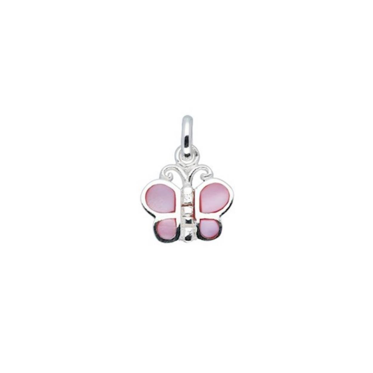 Zilveren hanger Vlinder met parelmoer.
Breedte: 13.5 mm. Hoogte: 15.6 mm.