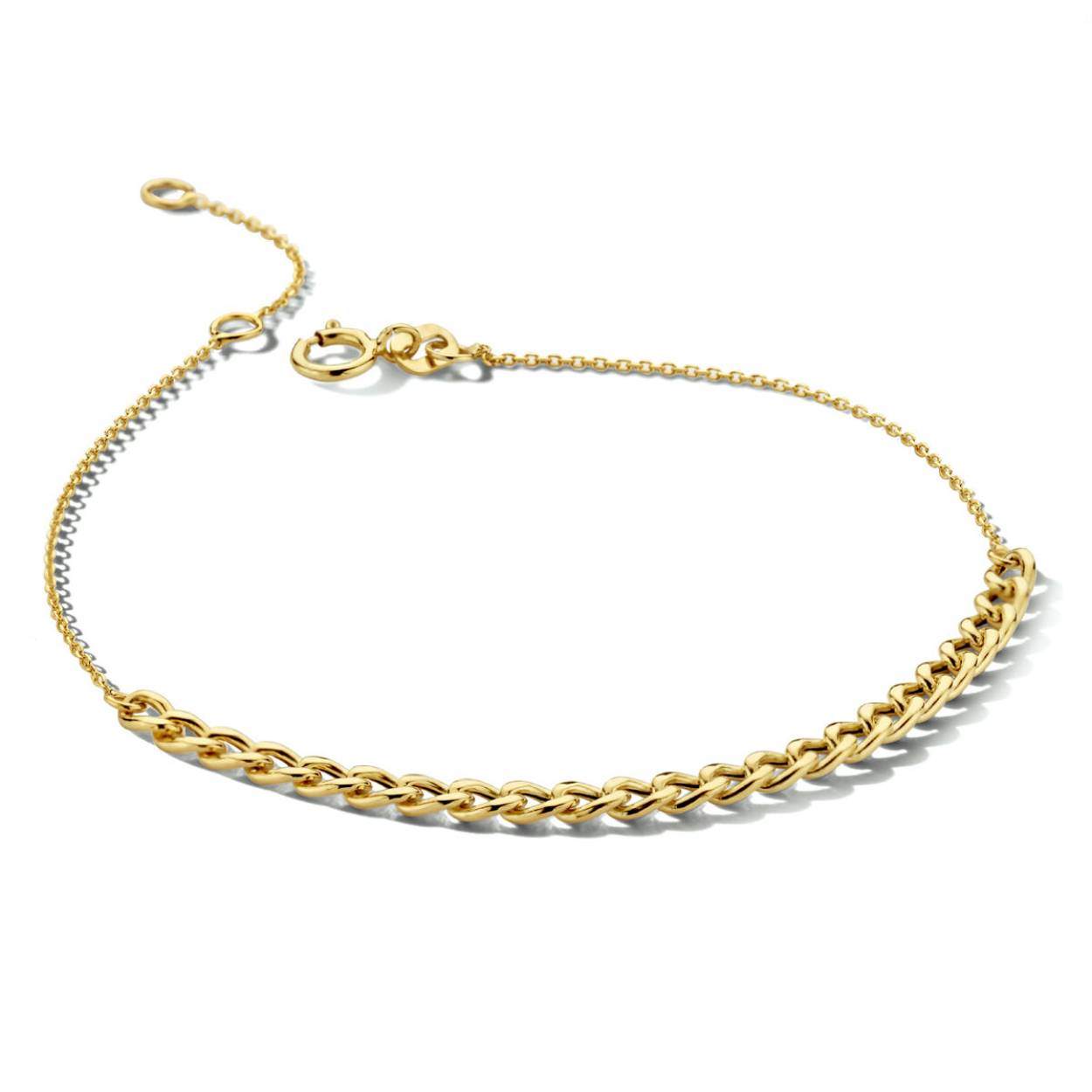 14k Geelgouden armband met een anker schakel van 0.7mm en een gourmette schakel van 2.8mm. De armband heeft draaglengtes van 16, 17,5 en 19cm.