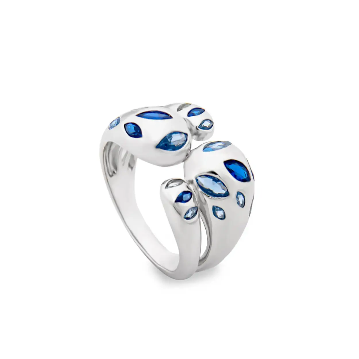 Zilveren druppelvormige ring met blauwe stenen