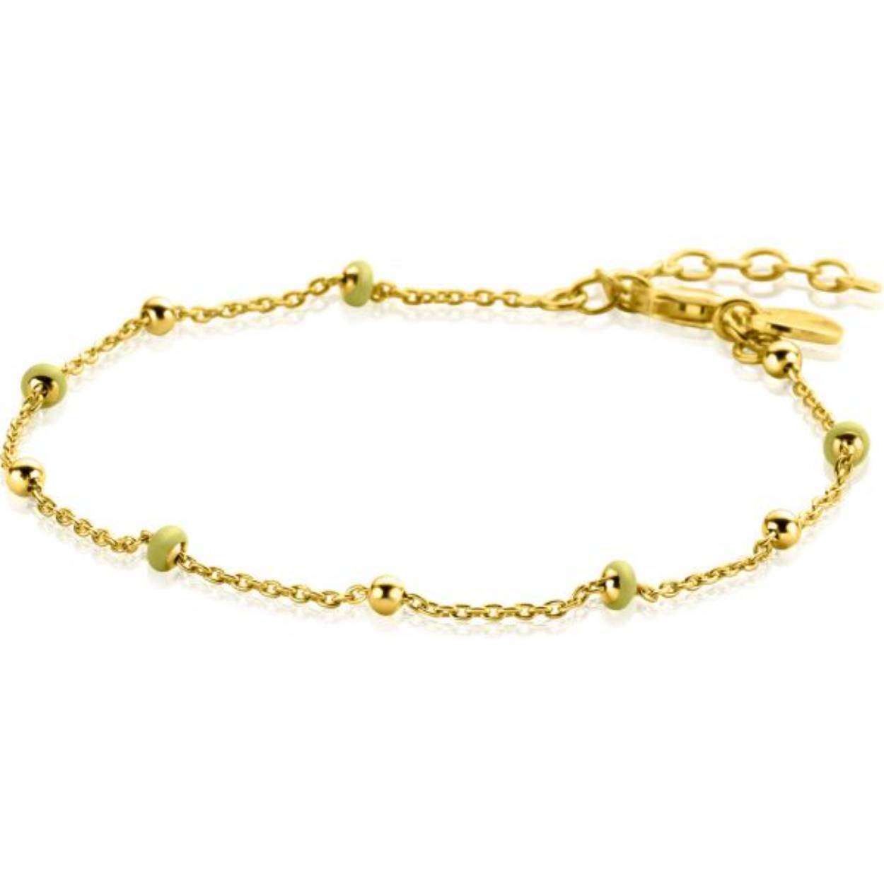 ZINZI gold plated zilveren fantasie armband met glanzende bolletjes en 5 geelgroene donuts (3mm breed). De lengte van de armband is te variëren tussen 17 en 19,5cm. De armband is vervaardigd van eerste gehalte zilver (925) en voorzien van een extra geel vergulding.