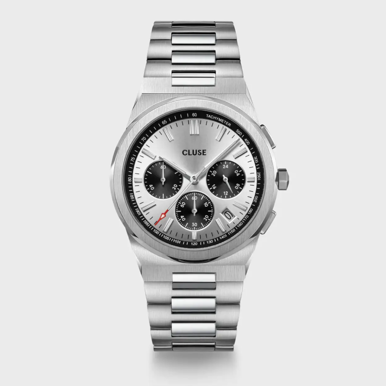 Mannelijk en multifunctioneel. Dit stijlvolle Vigoureux Chrono horloge voor heren heeft een geïntegreerd zilverkleurig roestvrijstalen horlogebandje van 24 mm, een kast van geborsteld en gepolijst zilver van 40 mm en een zwarte wijzerplaat met drie zilverkleurige sub-wijzerplaten en een zilverkleurige tachymeter. Een sporthorloge van buitengewone kwaliteit, met visuele aantrekkingskracht en een gespreksstarter bij uitstek. 