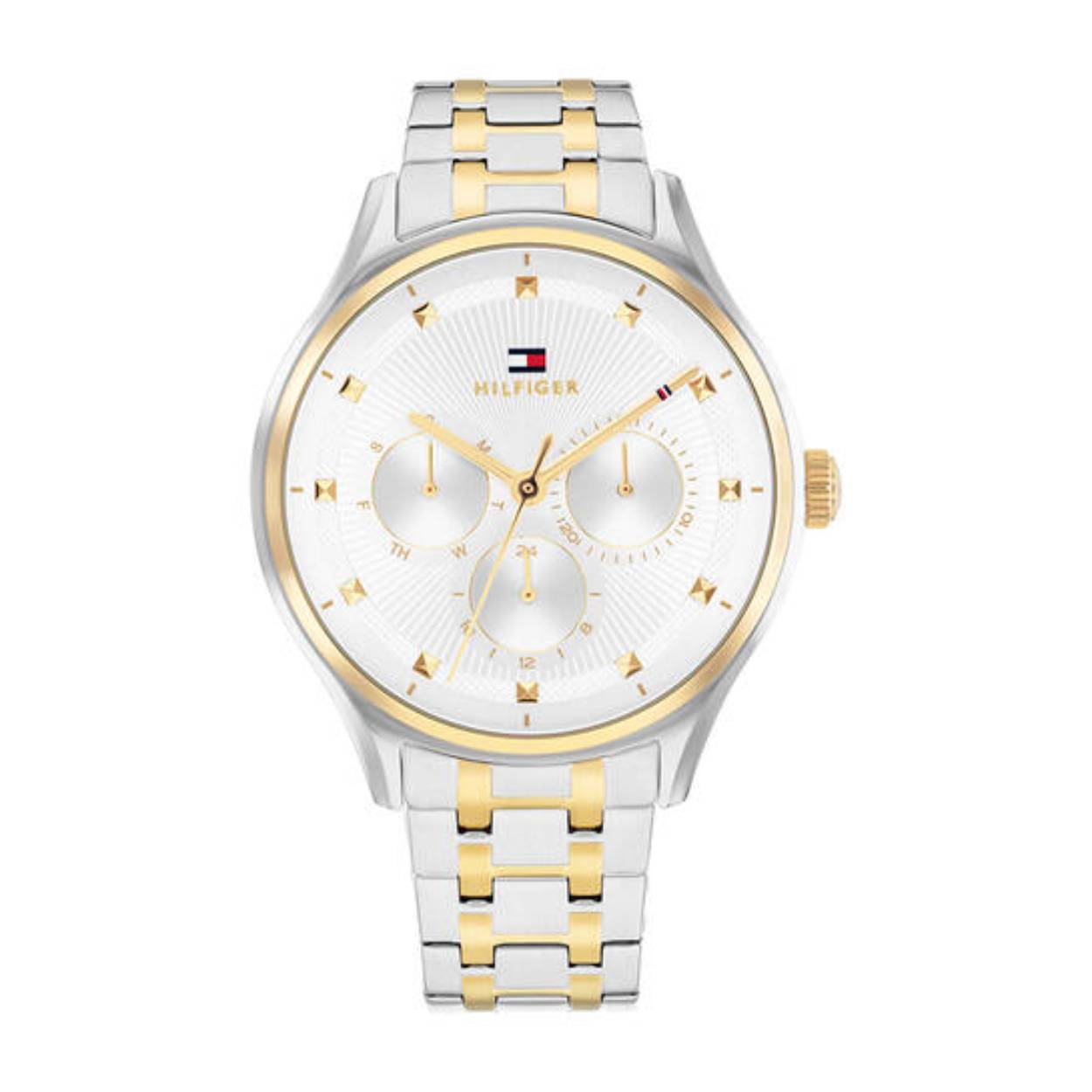 Tommy Hilfiger TH1782750 Horloge Dames Staal Bicolor 38mm
Dit specifieke horloge van Tommy Hilfiger uit de Gianna serie met artikelnr: TH1782750 is een casual horloge die zeker niet in je collectie mag ontbreken. Het stalen dameshorloge heeft een ronde zilverkleurige kast met een goudkleurige bezel. Het horloge heeft een zilverwitte wijzerplaat met meerdere texturen. Zo heeft het toegepaste piramidemarkeringen, diamantgeslepen ringen rond de subogen en een iconisch streepdetail op de minutenwijzer. Verder is het horloge multifunctioneel, heeft het dag,-datum en 24-uursaanduiding. Het horloge heeft een bicolor verstelbare schakelband, een mineraalglas, een doorsnee van 38mm en is 3ATM.  

Het merk:
Sinds de lancering van het merk in 1985 is Tommy Hilfiger wereldwijd bekend geworden als pionier van de klassieke Amerikaanse coole stijl. Geïnspireerd door de iconische popcultuur en het Amerikaanse erfgoed. De dames en herencollectie van dit seizoen bestaan uit minimalistische silhouetten en rustieke lederen details. De herenhorlogecollectie biedt iconische uurwerken met roestvrijstalen, lederen en siliconen banden.

Specificaties:
- Mineraalglas
- Ronde kast 38mm
- Zilverkleurige horlogekast
- Goudkleurige bezel
- Zilverwitte wijzerplaat
- Bicolor schakelband
- Multifunctioneel
- 3ATM