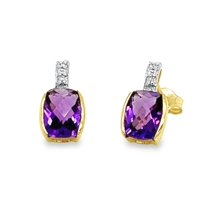 Deze geel gouden oorstekers bevatten een prachtige paarse amethist. De paarse amethist is gezet tussen twee zetranden en boven de paarse amethist zijn twee diamantjes gezet. Deze oorstekers zijn ontzettend elegant en hebben een sierlijke uitstraling.
