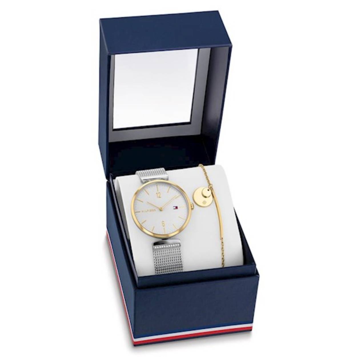 Een luxe giftset van Tommy Hilfiger, bestaande uit een dameshorloge model Aria en een goldplated edestalen armband.