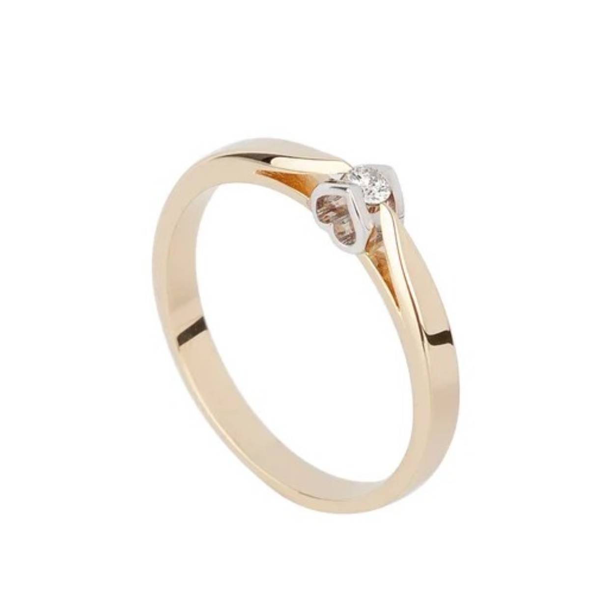 14k bicolor ring met een 0.05ct Si W briljant geslepen diamant in een hartjes zetting