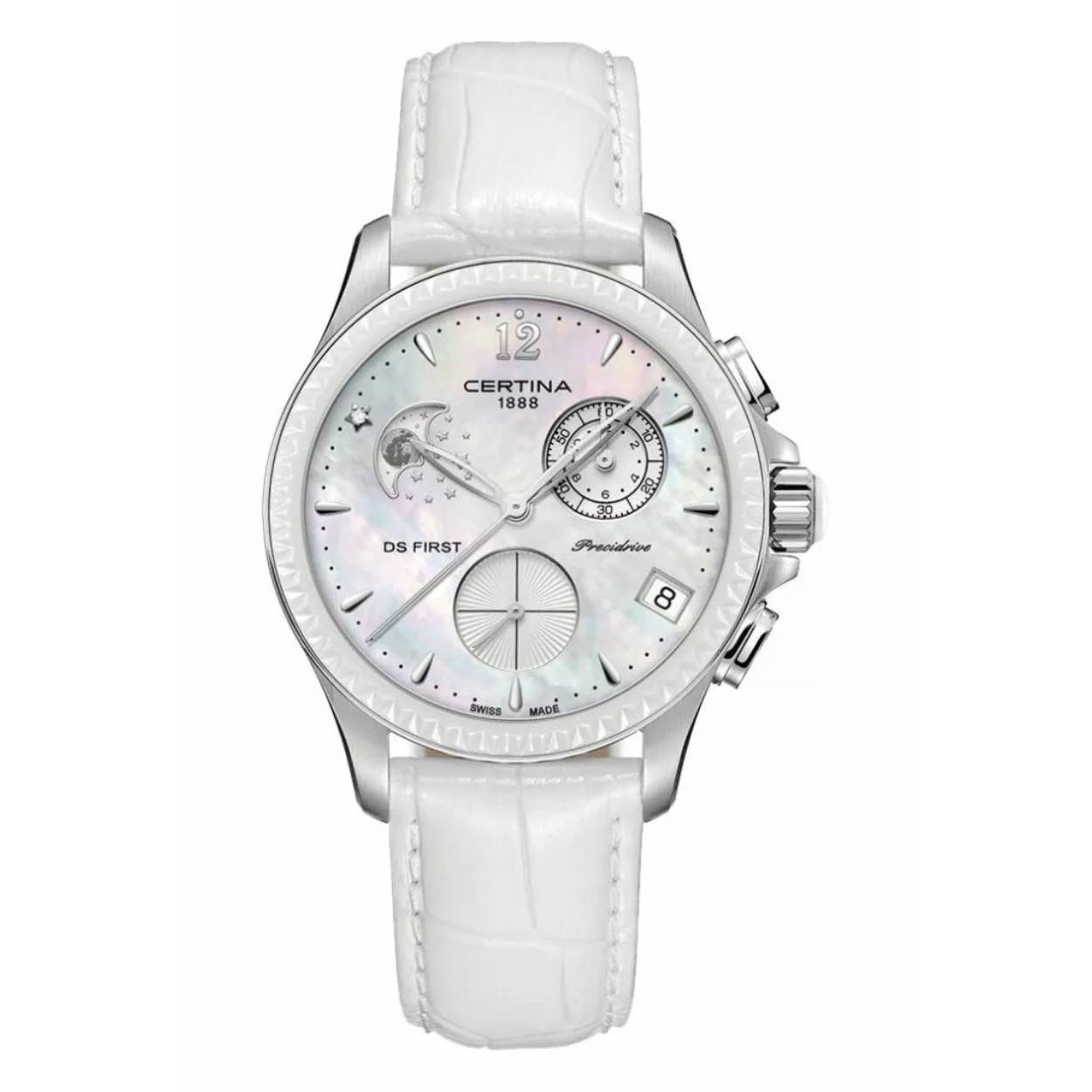 Serie: DS first moon phase

Artikelnr.: C0302501610600

Diameter: 38cm

Dikte: 12.5mm

Materiaal kast: roestvrijstaal

Materiaal band: leer

Kleur kast: zilver

Kleur band: wit

Kleur wijzerplaat: wit/parelmoer

Uurwerk: quartz

Glas: saffier

Waterdichtheid: 10ATM

Garantie: 2 jaar op het uurwerk