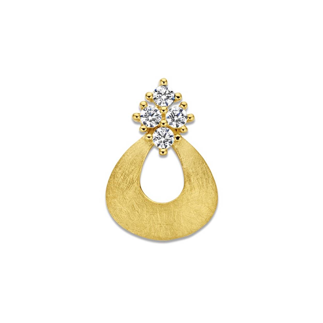 18 kt gouden hanger met zirkonium
Bijhorende oorbellen en ring van deze set, ook verkrijgbaar
De prijs kan variëren naargelang de goudprijs.