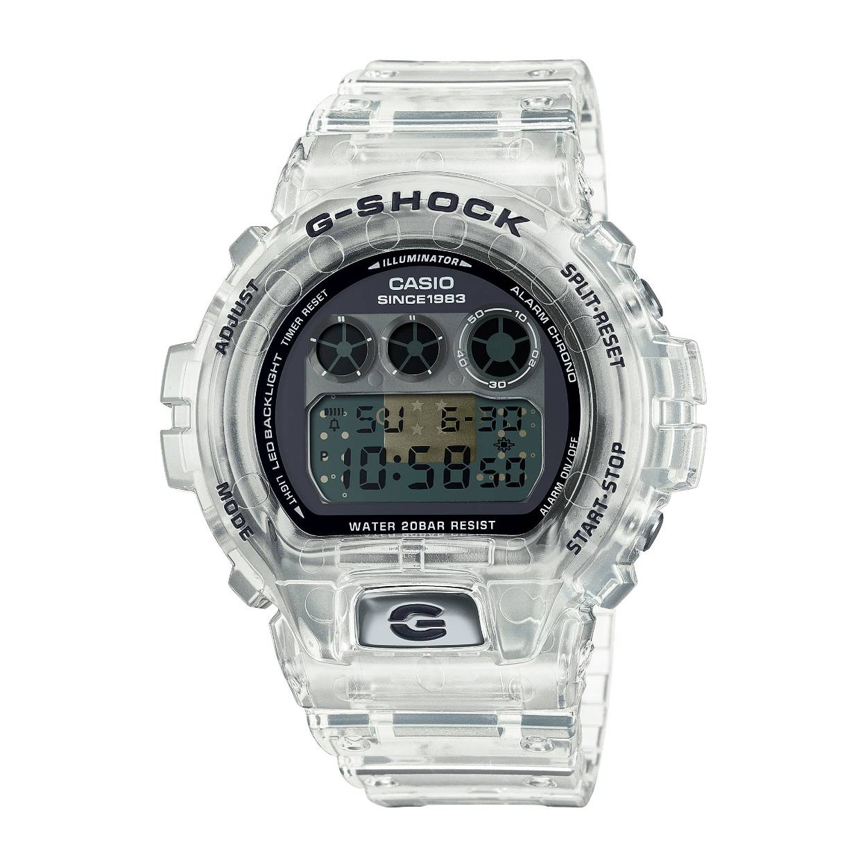 Casio g-shock horloge special edition transparant DW-6940RX-7ER
20bar
stopwatch
timer
alarm
led light